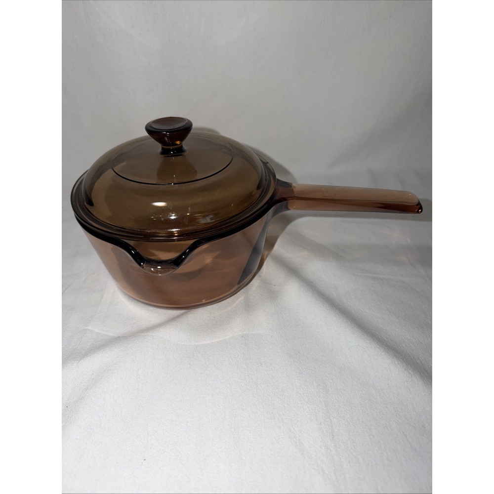 VTG Vision Corning Ware USA 1L Amber Glass Sauce Pan Pot Pour Spout With LID